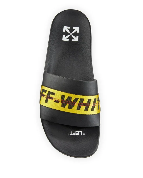 Off-White Men's Industrial Leather Slide Sandals, Black, Yellow, Men's, 9D, Sandals & Slides Slides