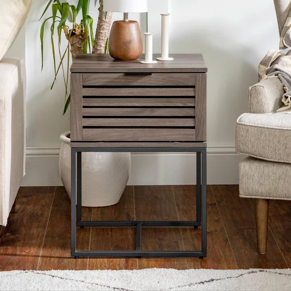 Visconti Boho Slat Pull Down Door Side Table Slate Gray - Saracina Home
