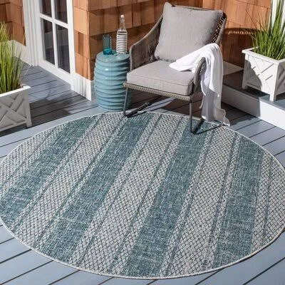 Myers Striped Light Gray/Teal Indoor, Outdoor Area Rug Mistana Rug Size: Round 5&3x22