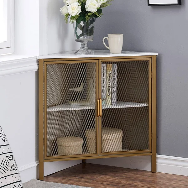 VECELO 3 Tiers Corner Shelf Metal Frame Shelves Storage Organizer with VENTILATION Protection DOOR - Glod, 19.7 x 19.7 x 29.6 inches