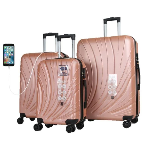 Mirage Shell 3 Piece Luggage Suitcase Set with USB Port Pink 20-24-28