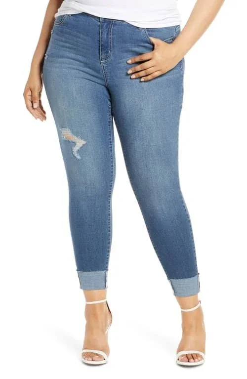 Plus Size Women's 1822 Denim Distressed Roll Ankle Jeggings - Size 20W - Blue
