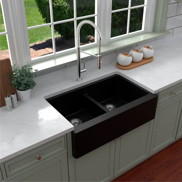 Karran Quartz Farmhouse Apron Front 34-in x 21.25-in White Double Equal Bowl Kitchen Sink, QA-750-WH-PK1