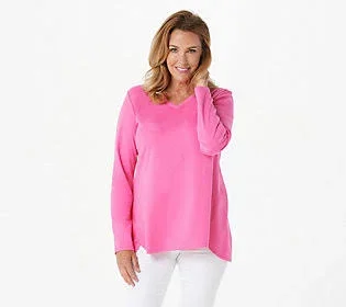 Isaac Mizrahi Live! Essentials Pima V-Neck Hi-Low Hem Top - Size Medium, Favorite Pink