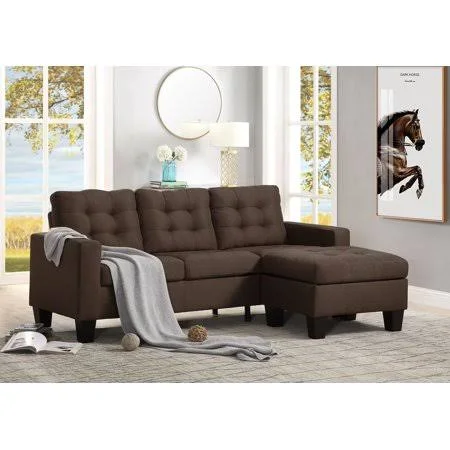 Earsom Sectional Sofa (rev. Chaise) - Brown Linen, Size: 81 inch