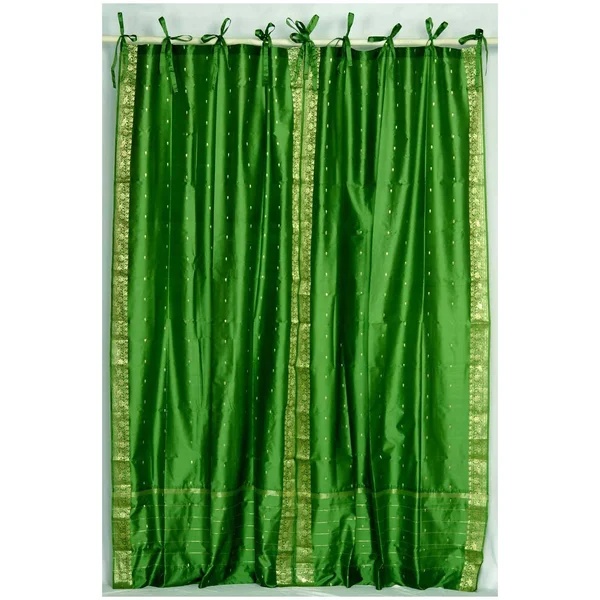 Forest Green Tie Top Sheer Sari Curtain - Drape, Panel - Piece