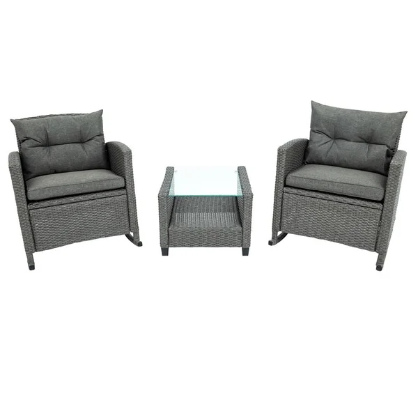 3 Piece Rocking Patio Furniture Set - Brown Rattan and Beige Cushion