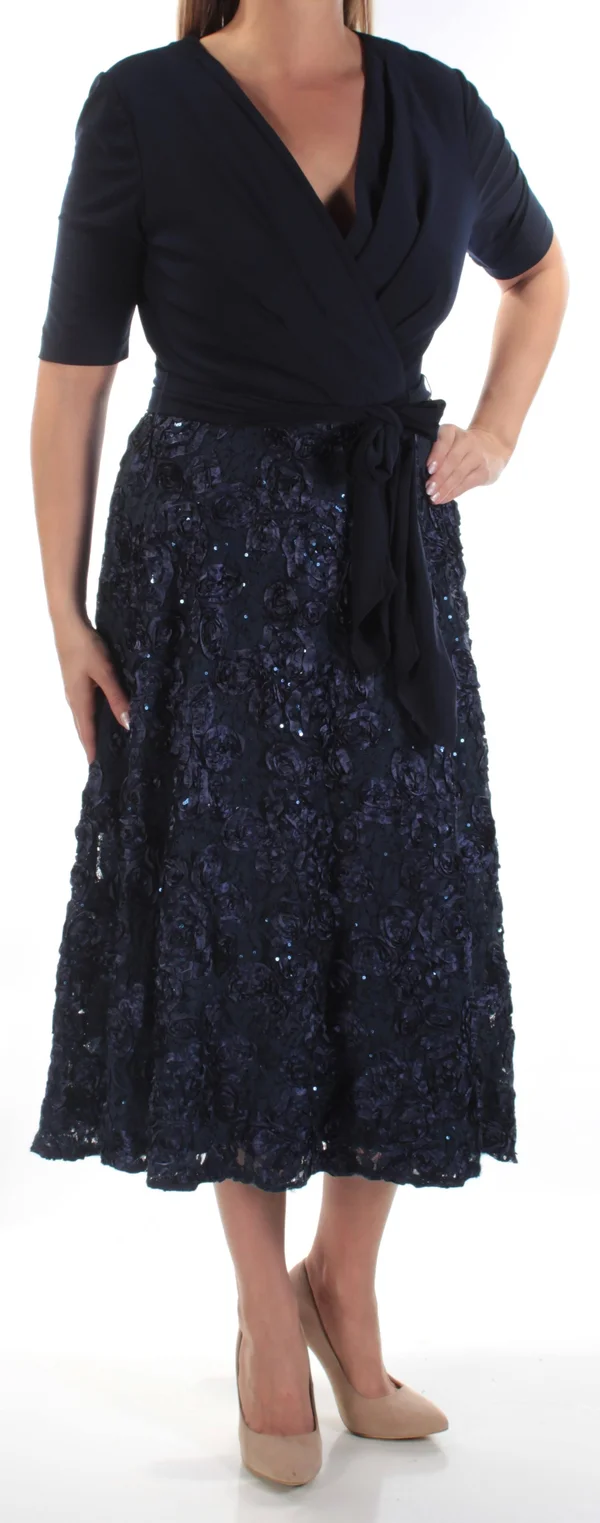 Alex Evenings Women's Rosette Tea-Length Dress - Blue 6