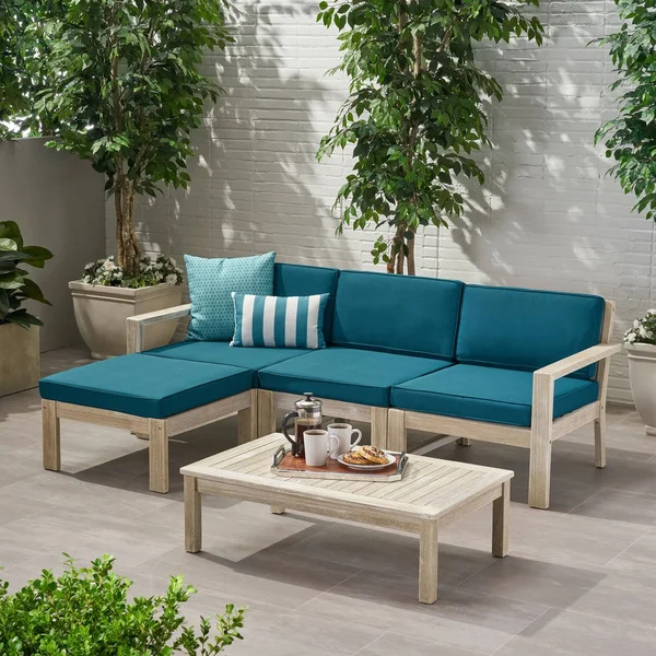 Isabella Ana Outdoor 3 Seater Acacia Wood Sofa Sectional with Cushions (Wire Brushed Light Gray Wash - Dark Teal)