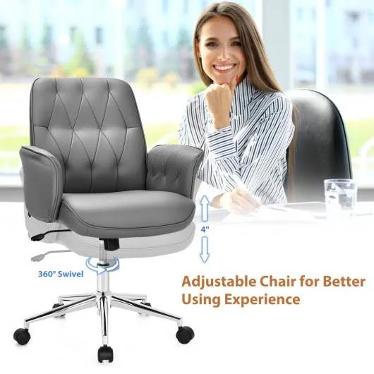 Modern Home Office Leisure Chair PU Leather Adjustable Swivel with Armrest-Gray