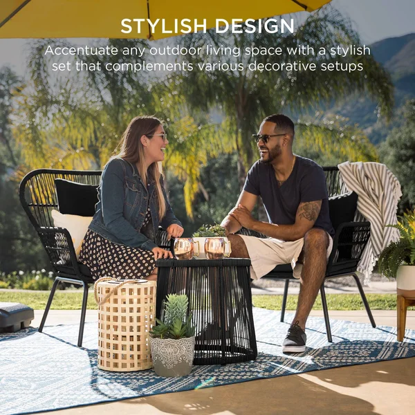 Best Choice Products 3-Piece Patio Conversation Bistro Set, Outdoor Wicker w/ 2 Chairs, Cushions, Side Table - Black