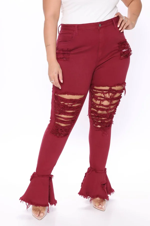 Womens Fray What You Mean Flare Leg Jeans in Burgundy Size 13 by Fashion Nova
