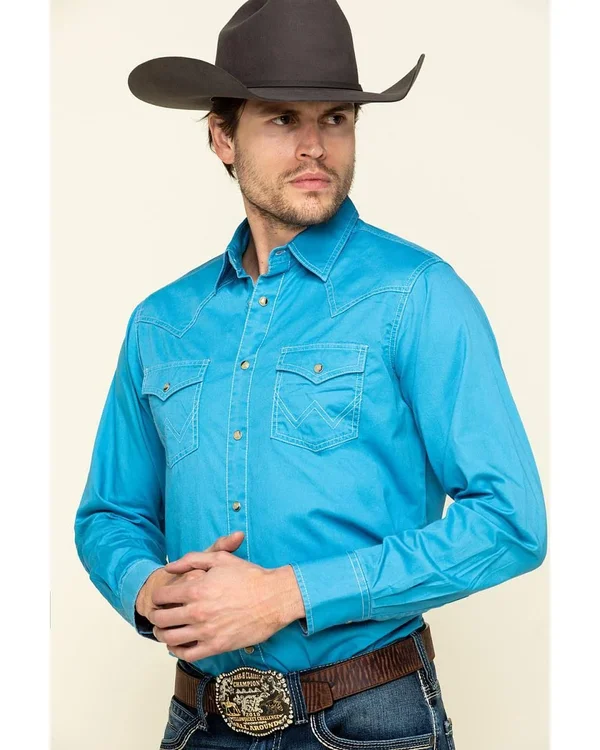 Wrangler Retro Men's Blue Solid Long Sleeve Western Shirt