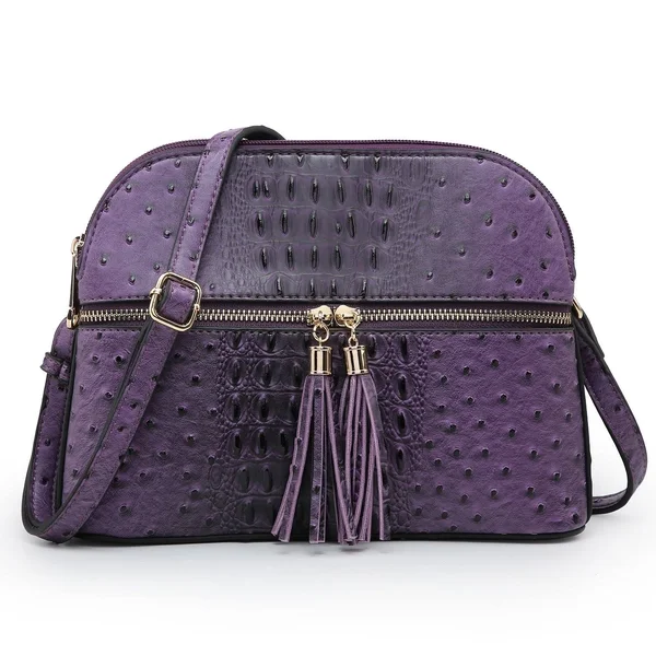 Dasein Ostrich Embossed Leather Crossbody Messenger Bag - Purple