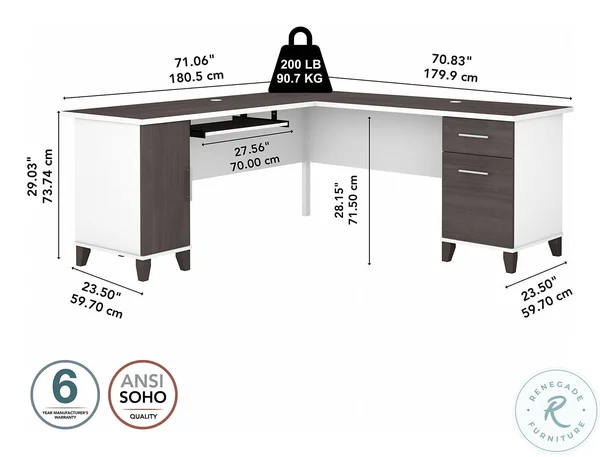 Bush Somerset 72x22 L-Shaped Desk in Storm Gray and White