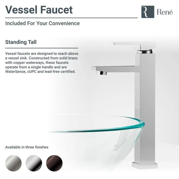 Rene R5-5034-R9-7003-C Foil Undertone Glass Vessel Sink with Chrome Vessel Faucet, Sink Ring, and Vessel Pop-Up Drain