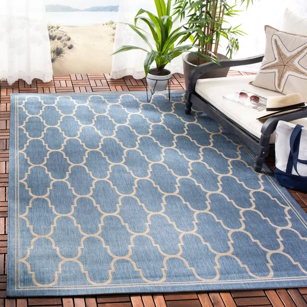 Safavieh Courtyard Navy & Beige 4& x 5&-7x22 Indoor/Outdoor Rug