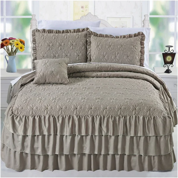 Serenta 4 Piece Matte Satin Ruffle Quilted Bedspread Set - Pink, Queen
