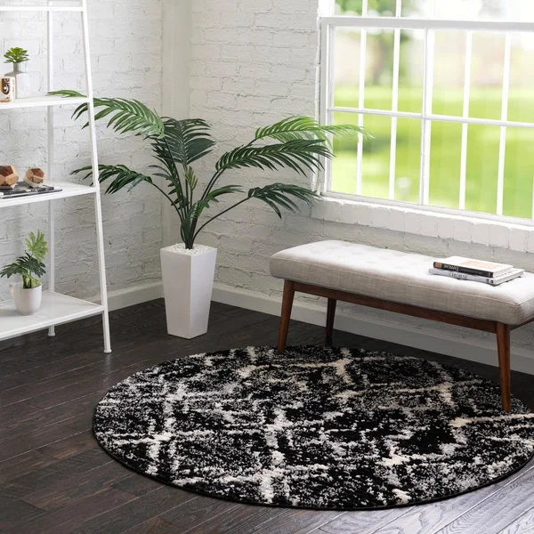 Rugs.com Tucson Collection Rug 3 ft Round Black Low Rug Perfect for Kitchens - Dining Rooms, Size: 3& x 3&