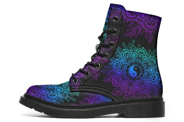 Yin Yang Mandala Boots, Vegan Black Boots, YesWeVibe Men's Boots, Black Sole, US 6, EU39