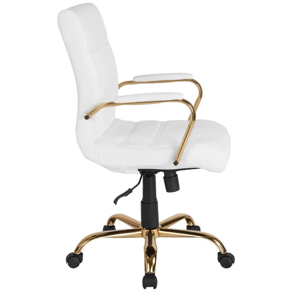 Flash Furniture Mid-Back Leather Executive Swivel Chair with Gold Frame and Arms - White