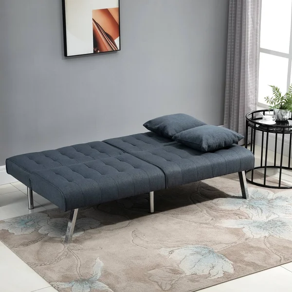 HOMCOM 2-Seater Convertible Sofa Bed with 7 Adjustable Angled Backrest Levels, 2 Pillows, and 5 Steel Legs - Grey