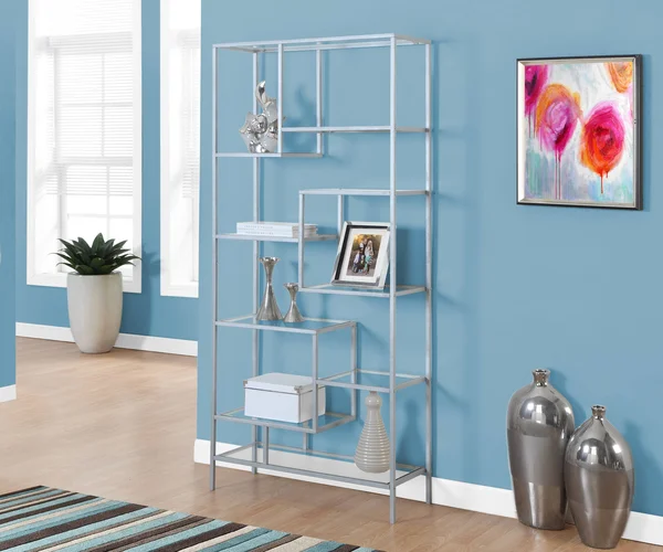 Monarch Bookcase - 72x22H - Silver Metal with Tempered Glass