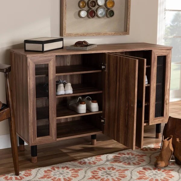 2 Door Valina Wood Entryway Shoe Storage Cabinet with Screen Inserts Brown - Baxton Studio