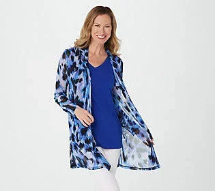 Susan Graver Printed Mesh Cardigan & Liquid Knit Tunic Set, Size X-Small, Blue