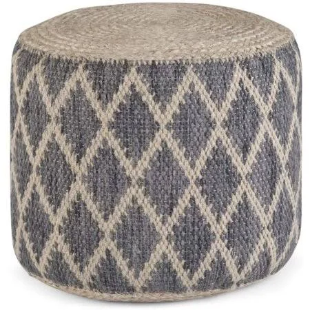 Simpli Home Edgeley Round Pouf, Footstool, Upholstered in Grey, Natural Woven Braided Jute and Cotton, for The Living Room, Bedr